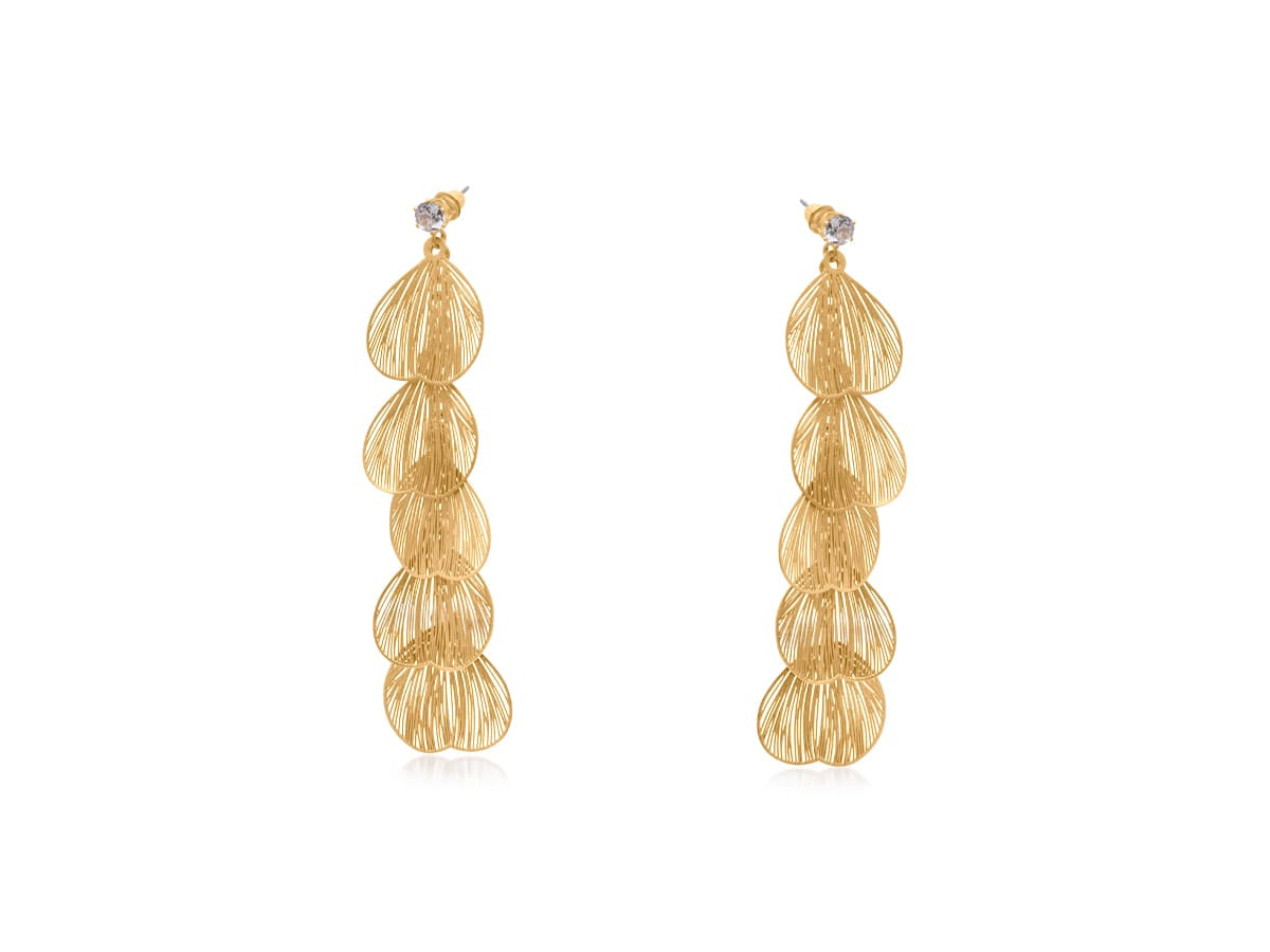 Big Metal Malena Feather Long Dangly Earrings, Gold