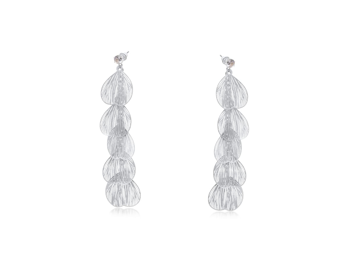 Big Metal Malena Feather Long Dangly Earrings, Silver