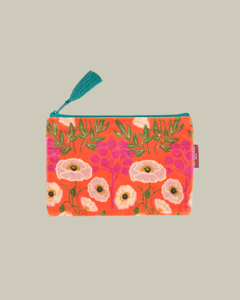 Velvet Zipped Pouch With Tassel, Large Poppy Orange