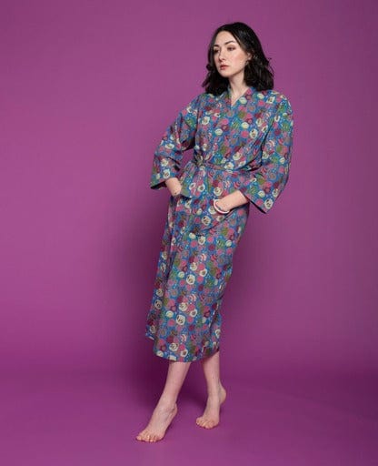 Long Cotton Dressing Gown, Bloom Blue