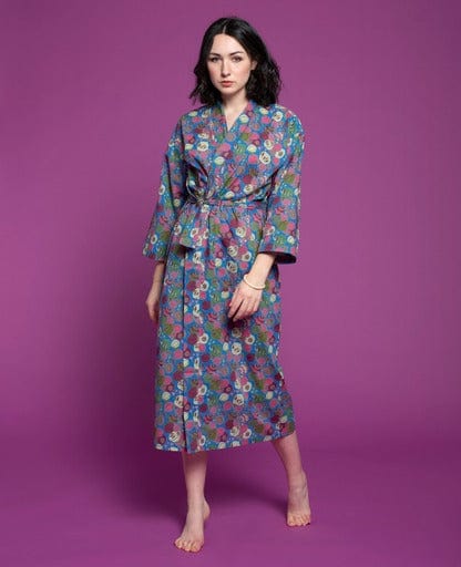 Long Cotton Dressing Gown, Bloom Blue