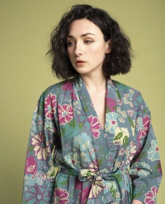 Long Cotton Dressing Gown, Cosmos Teal