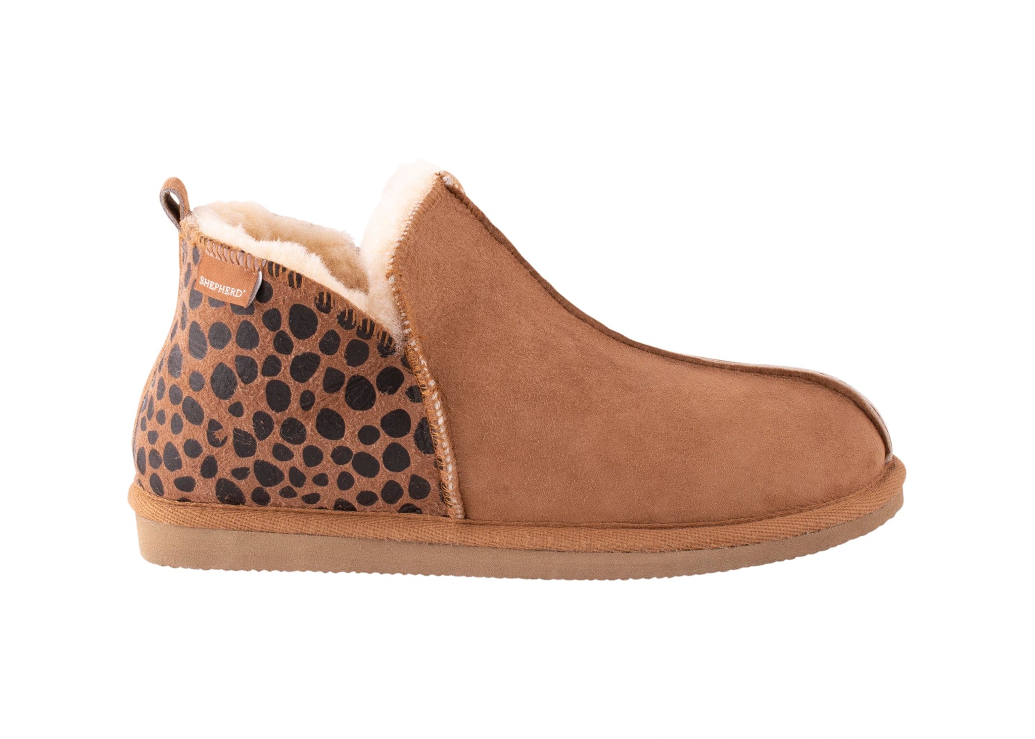 Annie Leopard Chestnut Sheepskin Bootie Slippers by Shepherd of Sweden
