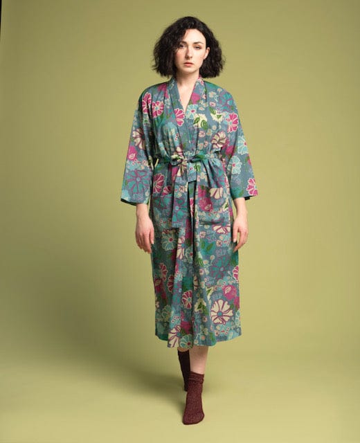 Long Cotton Dressing Gown, Cosmos Teal