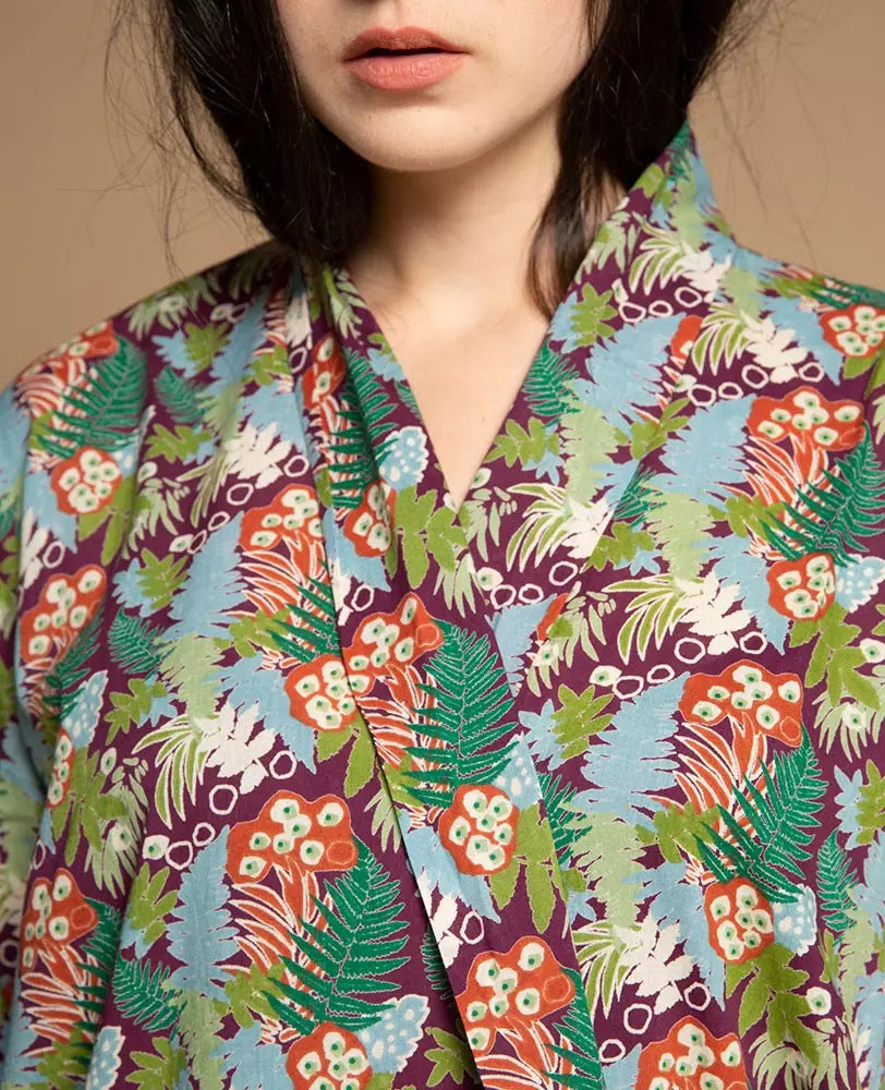 Long Cotton Dressing Gown, Fern Fig