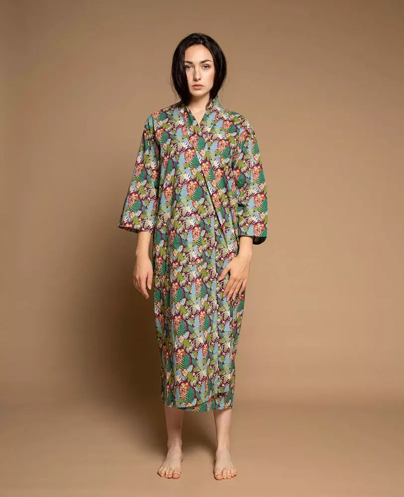 Long Cotton Dressing Gown, Fern Fig