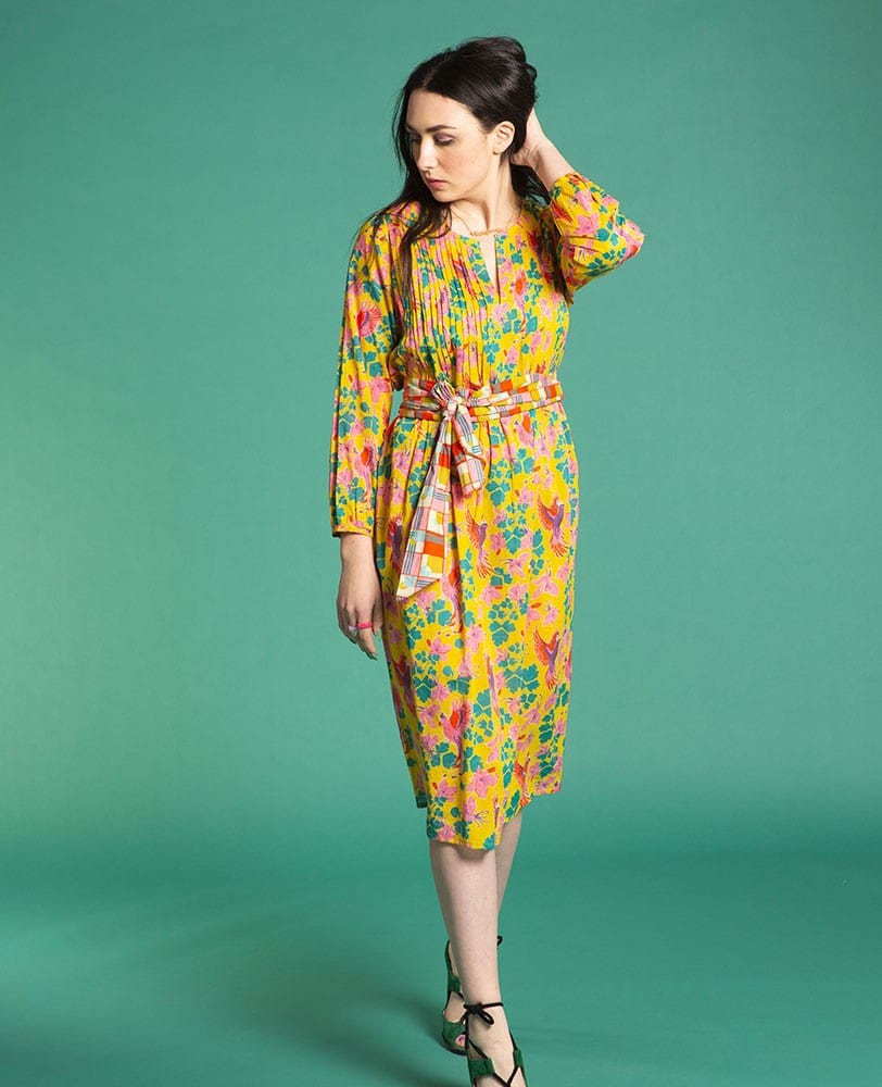 Capi Patterned Cotton Dress, Ancolie Yellow