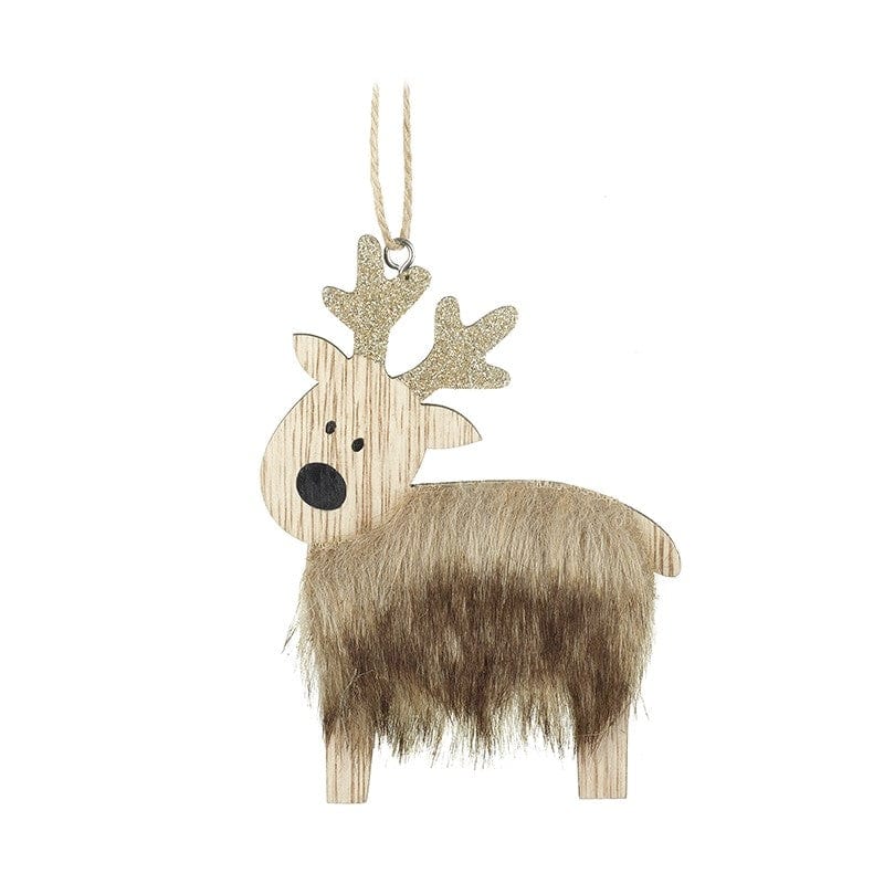 Brown Fur Wooden Reindeer Hanging Dec