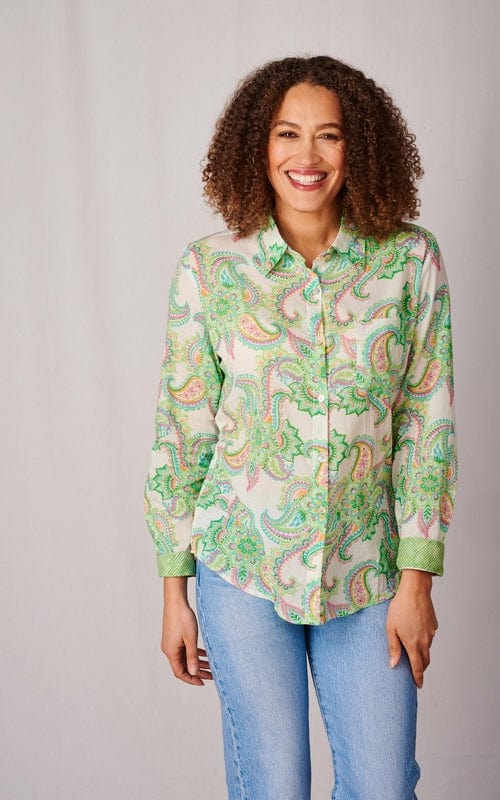 Lombok Print Indian Cotton Shirt, Paisley Green/Multi