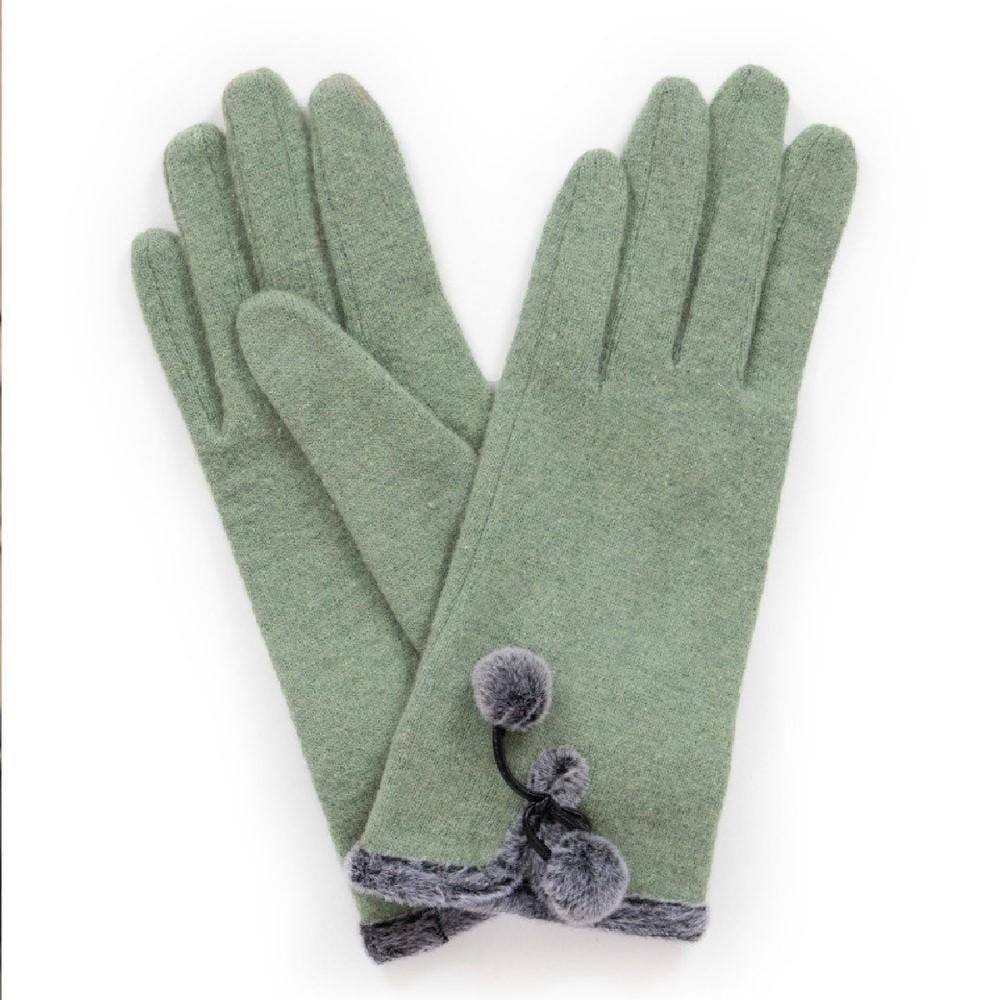 Betty Wolf Gloves with Pom Pom Trim, Moss
