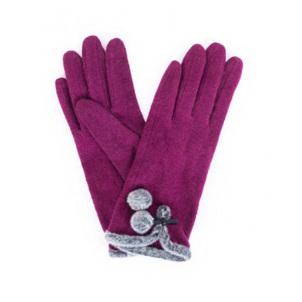 Betty Wolf Gloves with Pom Pom Trim, Fuchsia
