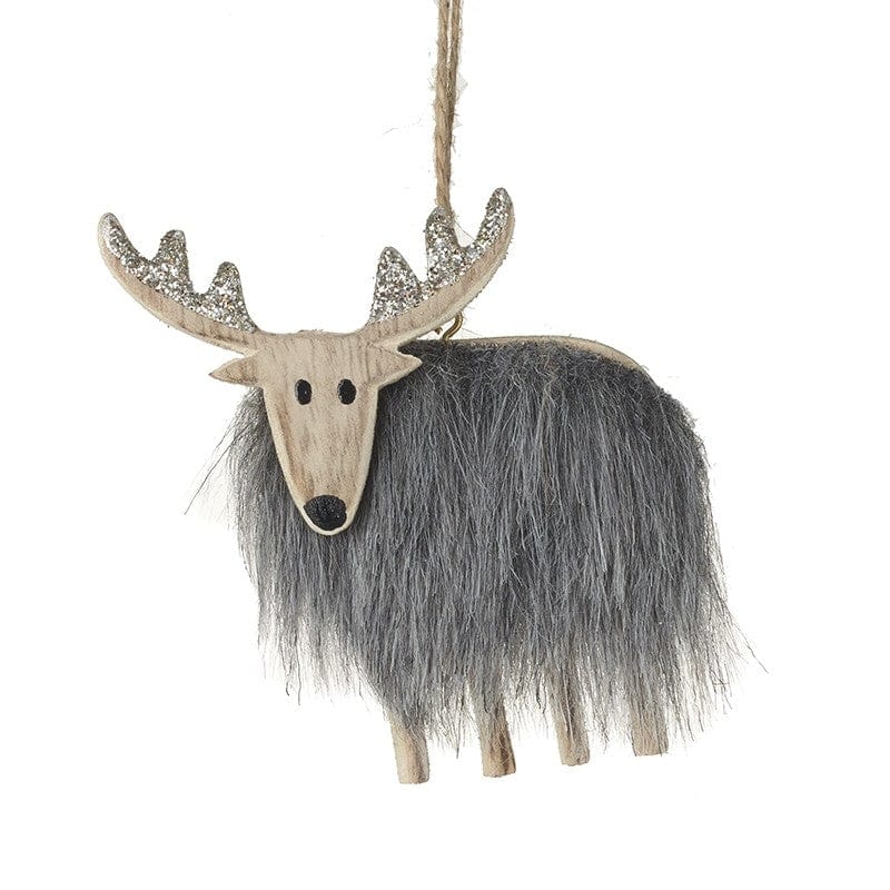 Wooden Deer With Grey Fur Body Hanging Decoration