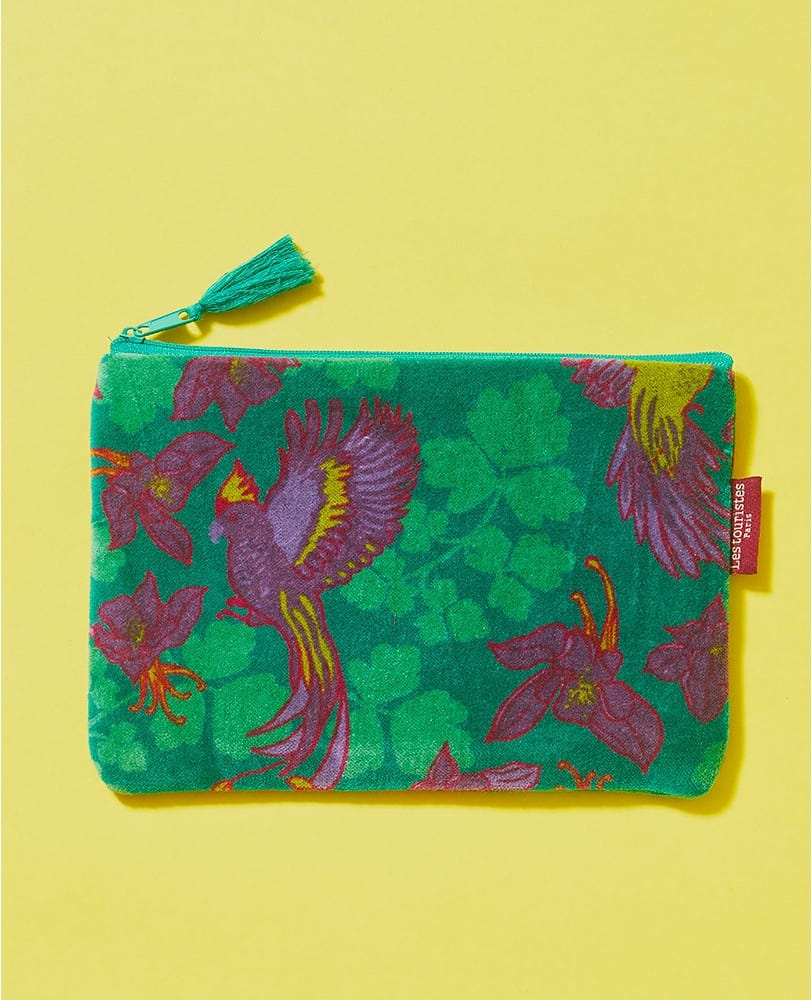 Velvet Zipped Pouch With Tassel, Ancolie Emerald, Large