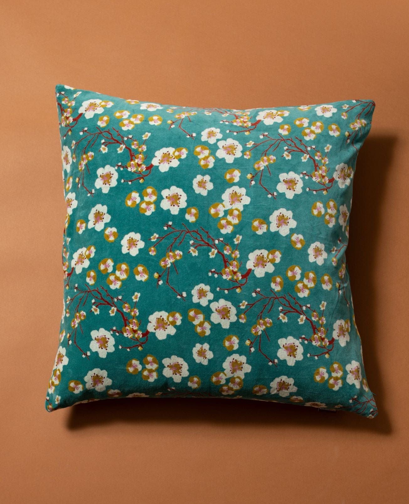 Square 60x60 Velvet Blossom Print Cushion by Les Touristes Blue