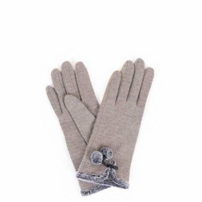 Betty Wolf Gloves with Pom Pom Trim, Camel