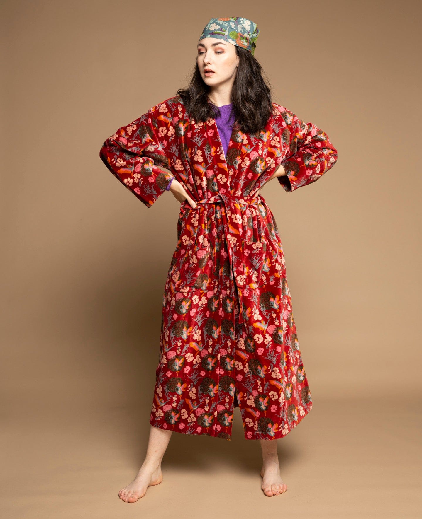 Luxury Velvet Dressing Gown, Heron Red