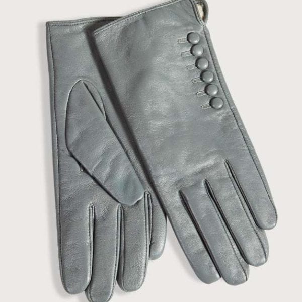 WOMENS LEATHER GLOVES WITH BUTTONS, GREY